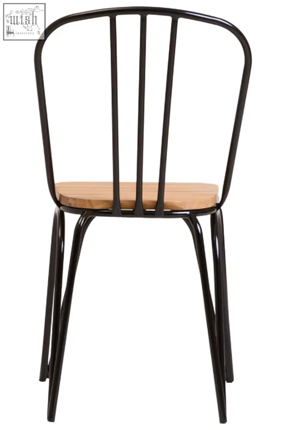 Black metal dining chair with elm wood seat and light wood finish for a stylish dining setup