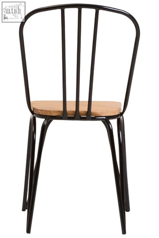 Black metal dining chair with elm wood seat and light wood finish for a stylish dining setup