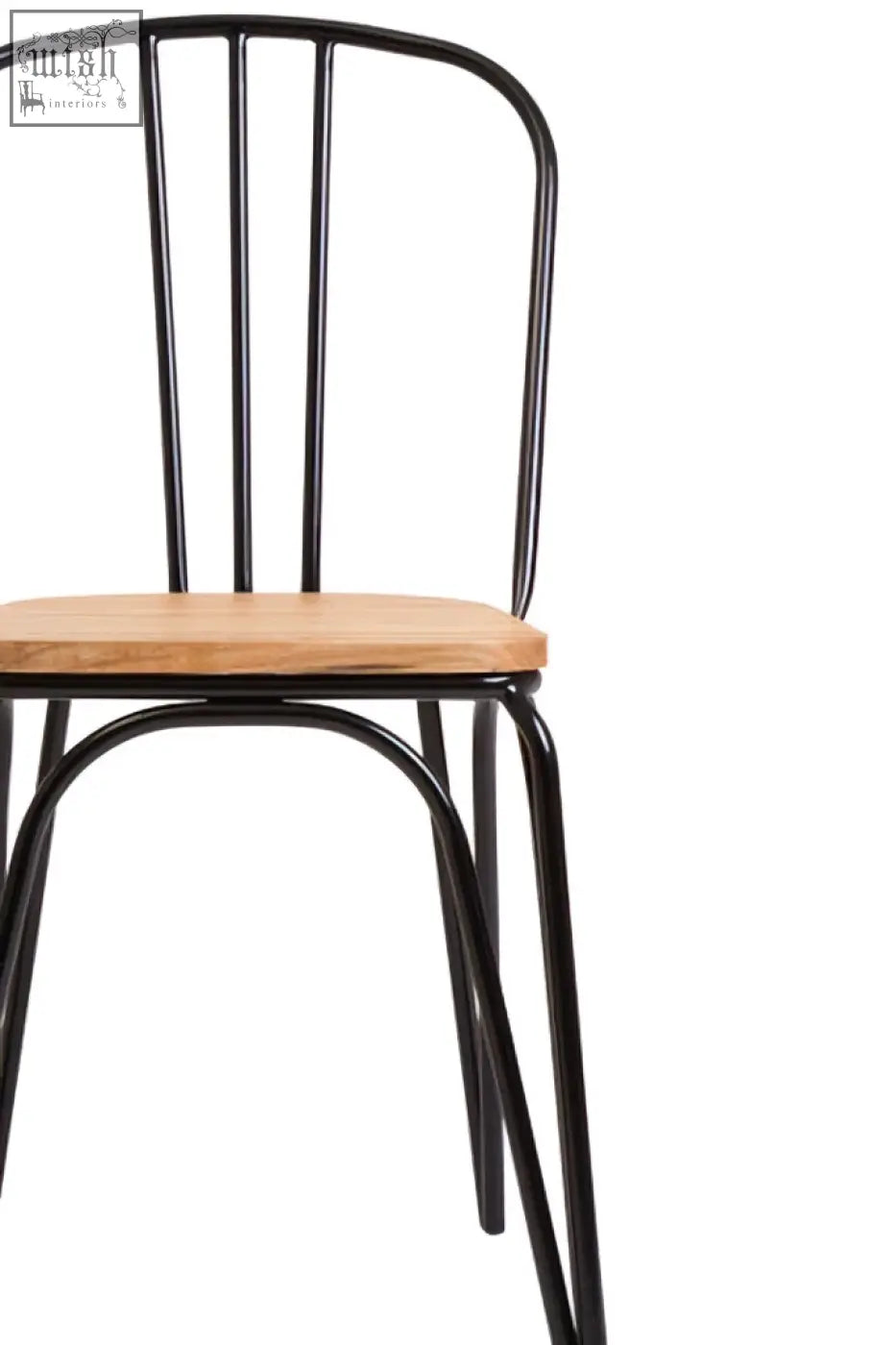 Black metal dining chair with elm wood seat featuring a light wood finish perfect for the district dining room
