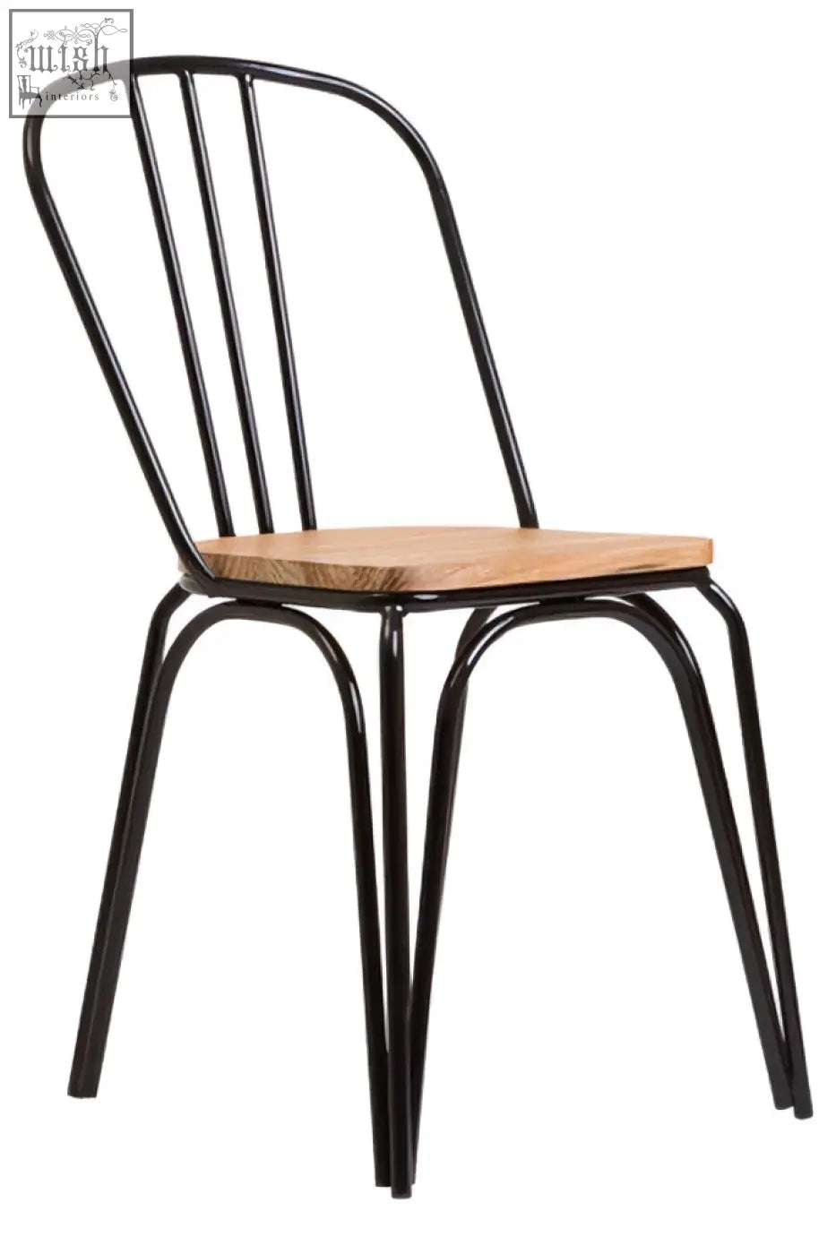 Black metal dining chair with elm wood seat featuring a sleek frame for stylish dining spaces