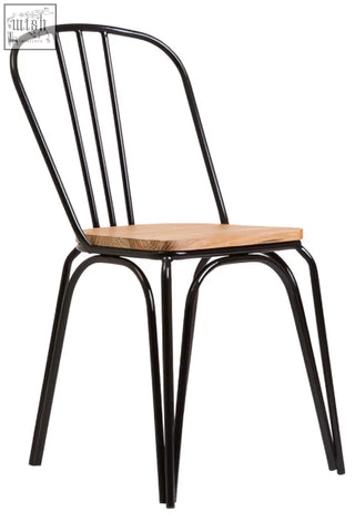 Black metal dining chair with elm wood seat featuring a sleek frame for stylish dining spaces