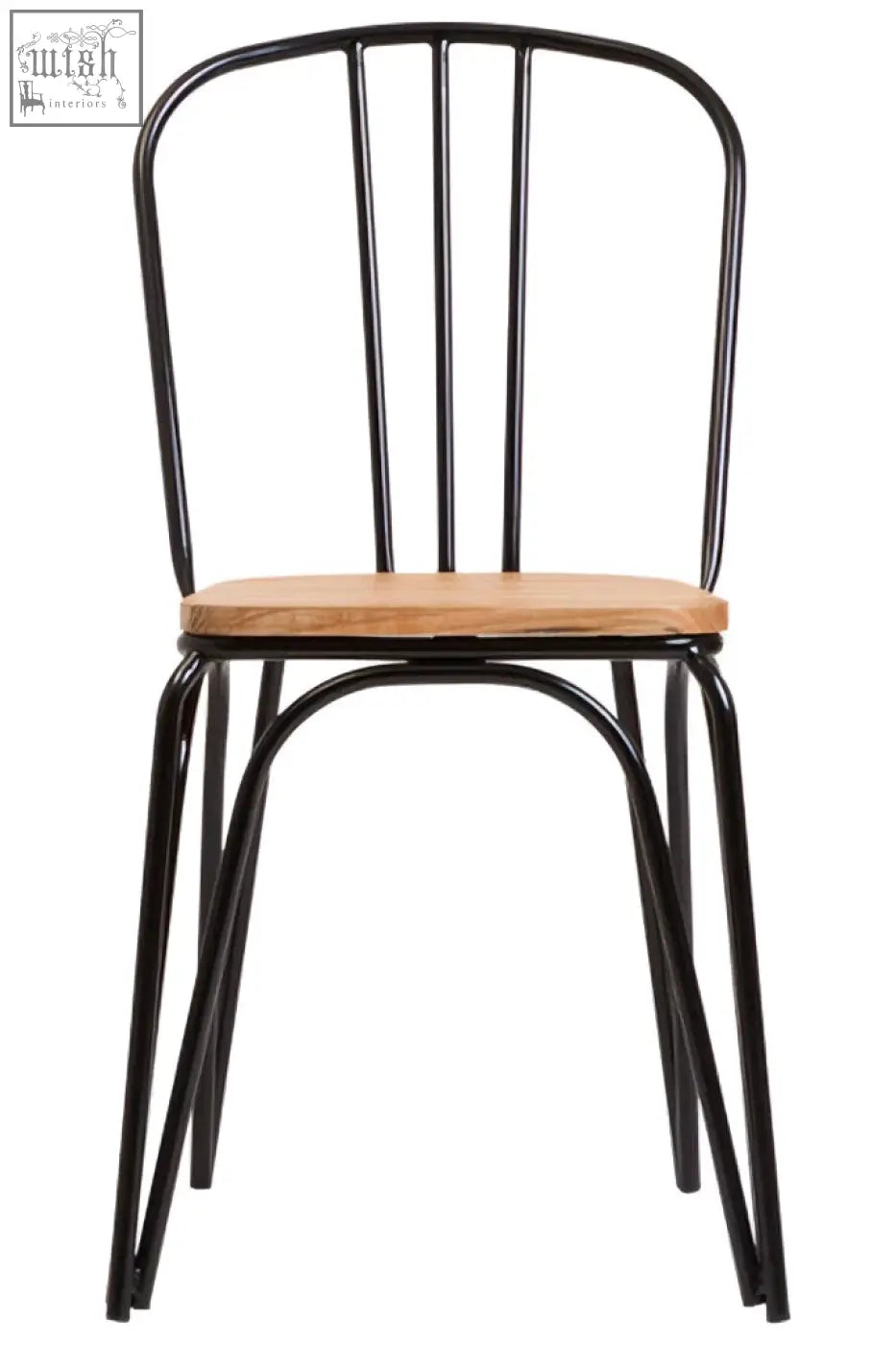 Black metal dining chair with elm wood seat featuring a light wood finish and sturdy metal frame