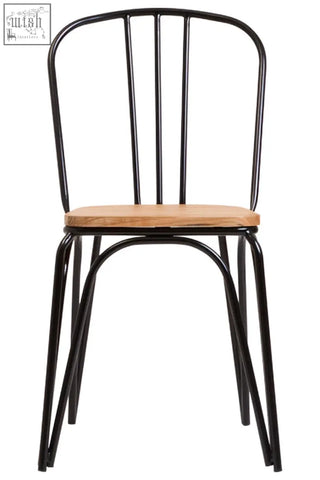 Black metal dining chair with elm wood seat featuring a light wood finish and sturdy metal frame