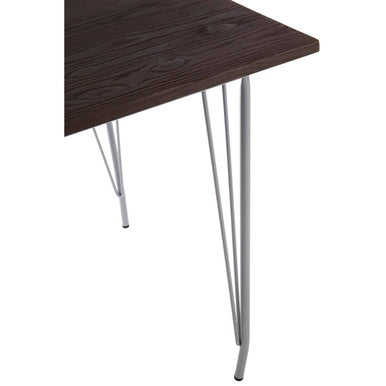 Dark wood elm wood dining table with slender grey metal hairpin legs for a sleek wood dining setup