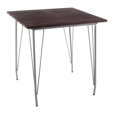 Dark wood wood dining table with grey metal hairpin legs for elm wood dining spaces