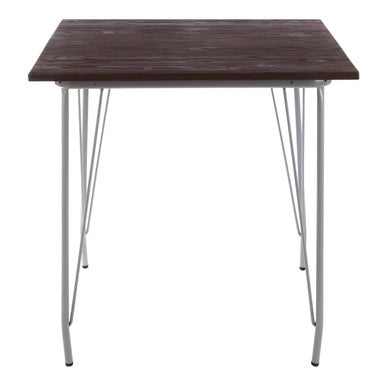 District grey metal and elm wood dining table with dark wood tabletop and slender silver hairpin legs
