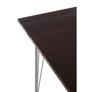 Dark wood elm wood dining table with sleek grey metal slender legs perfect for modern dining spaces
