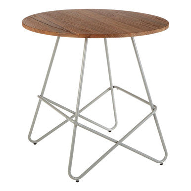 District grey metal and elm wood round dining table with silver metal frame and natural wood top