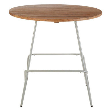 District grey metal and elm wood round dining table with a silver metal frame and natural wood finish