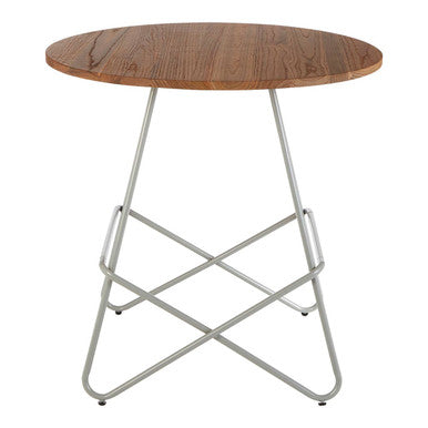District grey metal and elm wood round dining table with silver metal frame and natural wood top