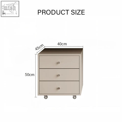 Beige three-drawer mobile storage cabinet with rounded knobs and casters for dmitri office desk wood setup