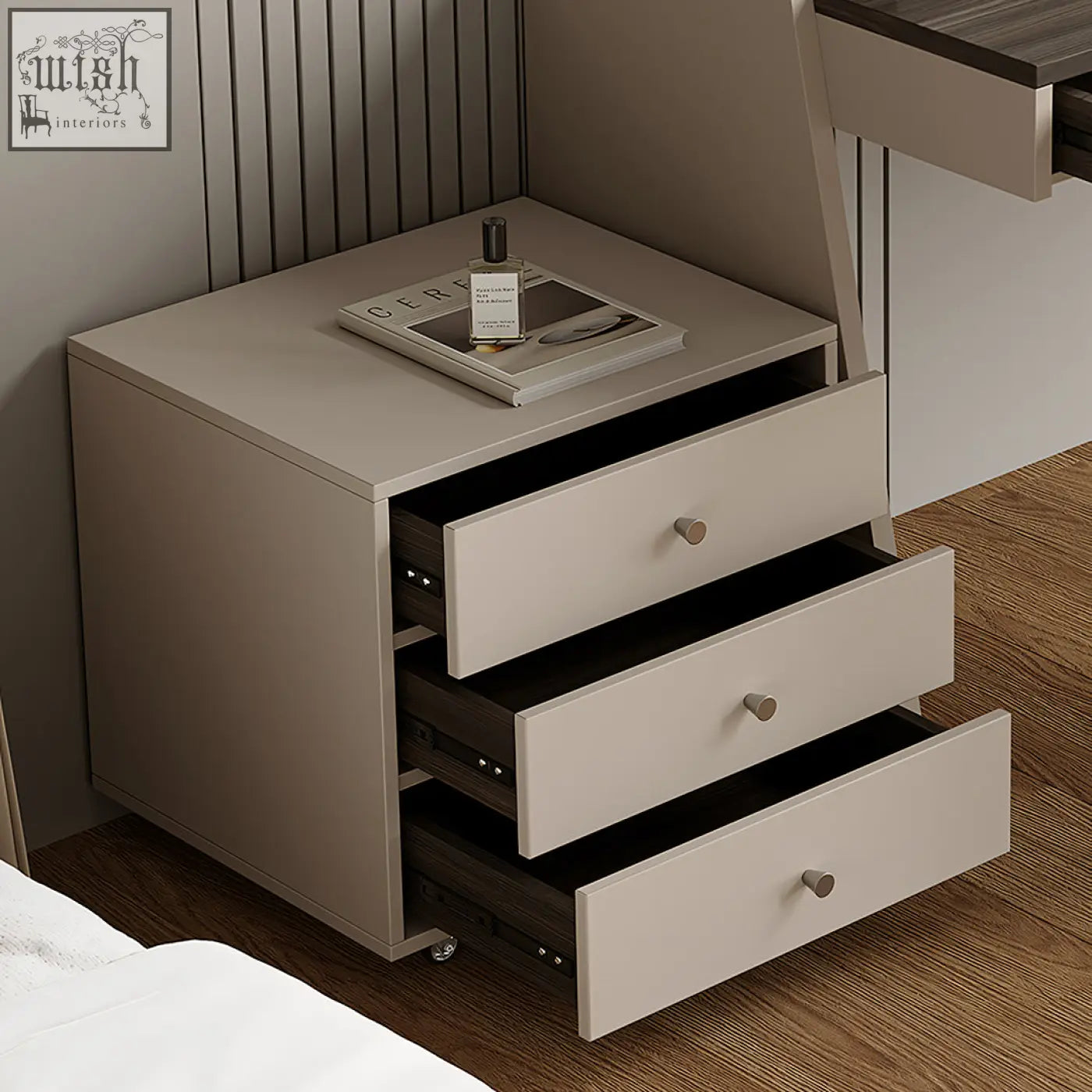 Modern beige nightstand with three drawers and silver knobs in multiply solid wood fit for dmitri office desk setup