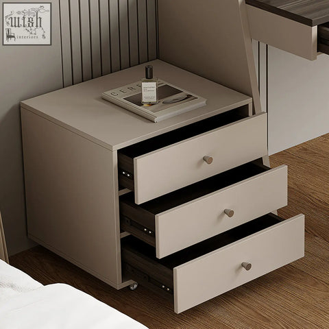 Modern beige nightstand with three drawers and silver knobs in multiply solid wood fit for dmitri office desk setup