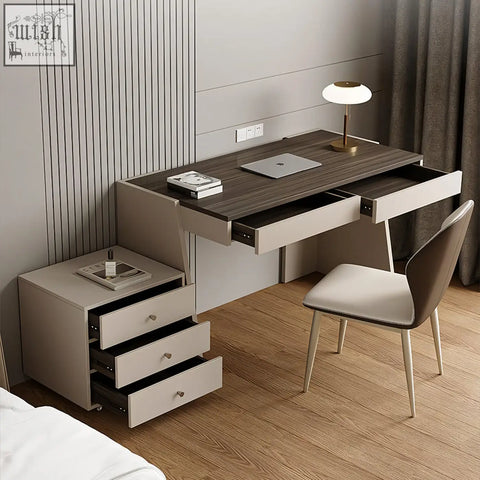 Modern minimalist dmitri office desk with dark wood top and light gray multiply solid wood drawers plus side cabinet