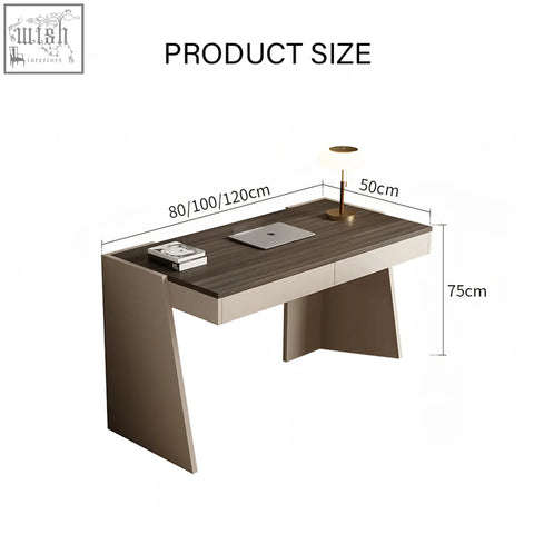 Modern minimalist dmitri office desk with chest of drawers featuring dark wood grain top and light beige solid wood sides