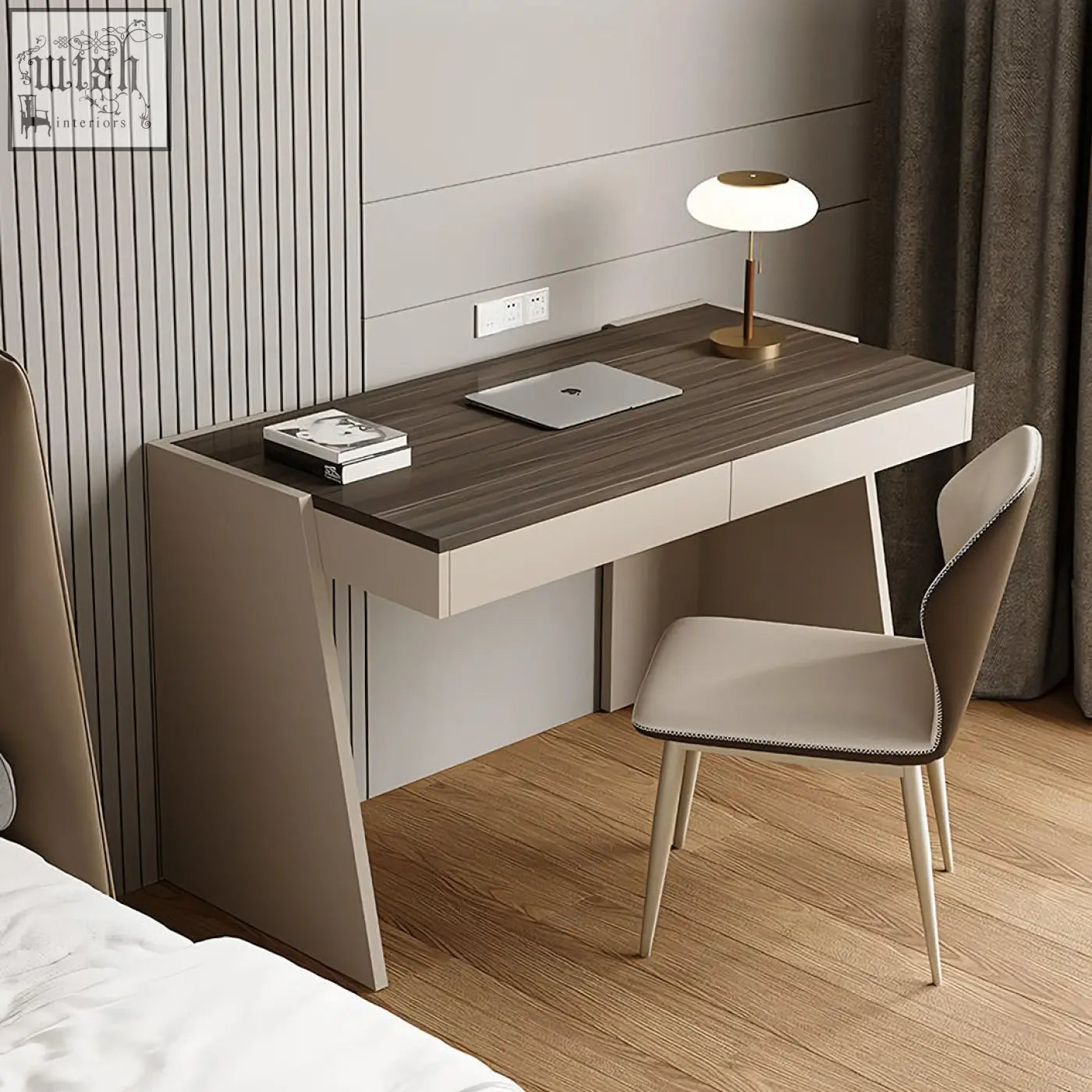 Modern minimalist dmitri office desk with dark wood grain top white sides and matching chair for small office use