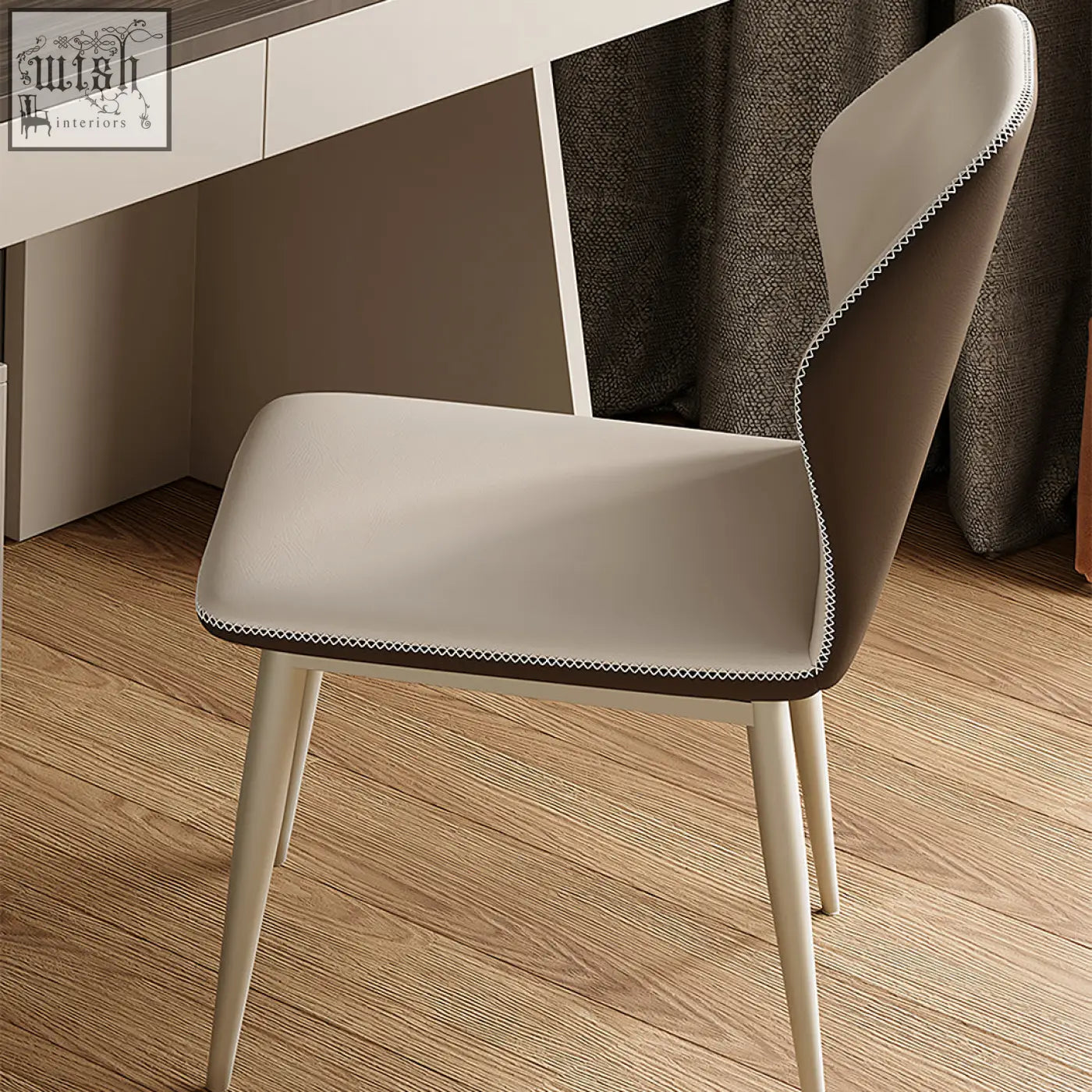 Modern two-tone chair with beige taupe upholstery and white zigzag stitching paired with dmitri office desk wood