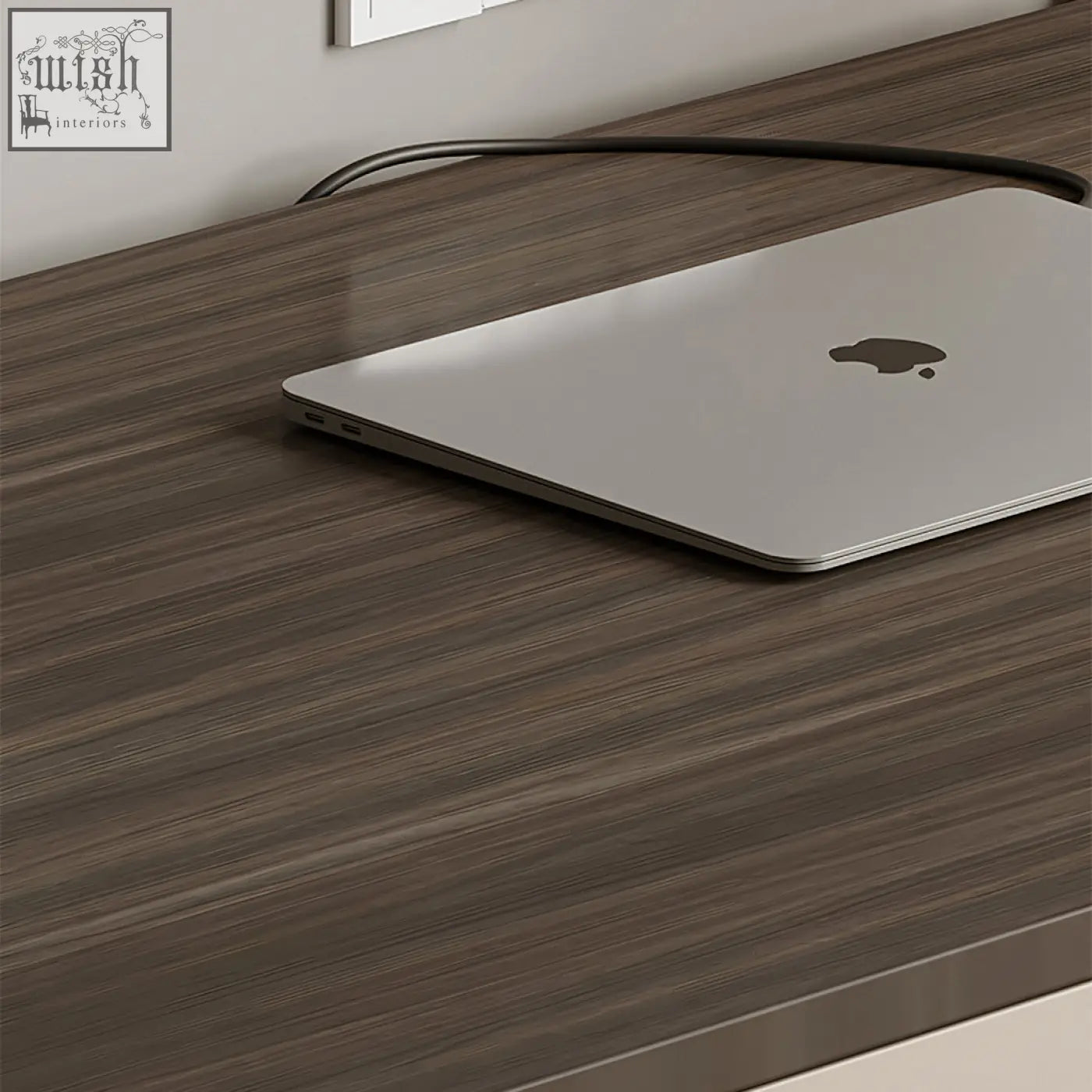 Silver apple macbook laptop on dark wood-grain multiply solid wood dmitri office desk with chest of drawers