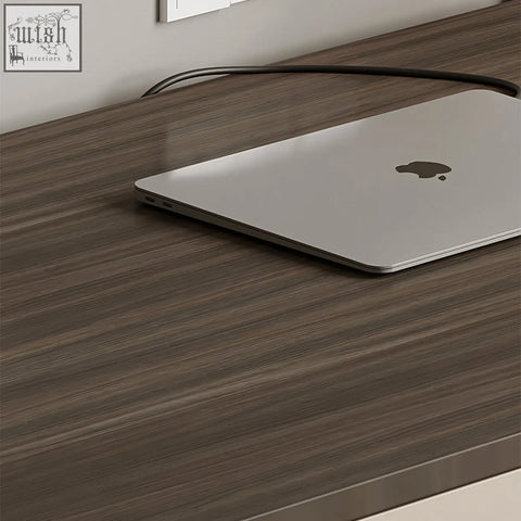 Silver apple macbook laptop on dark wood-grain multiply solid wood dmitri office desk with chest of drawers