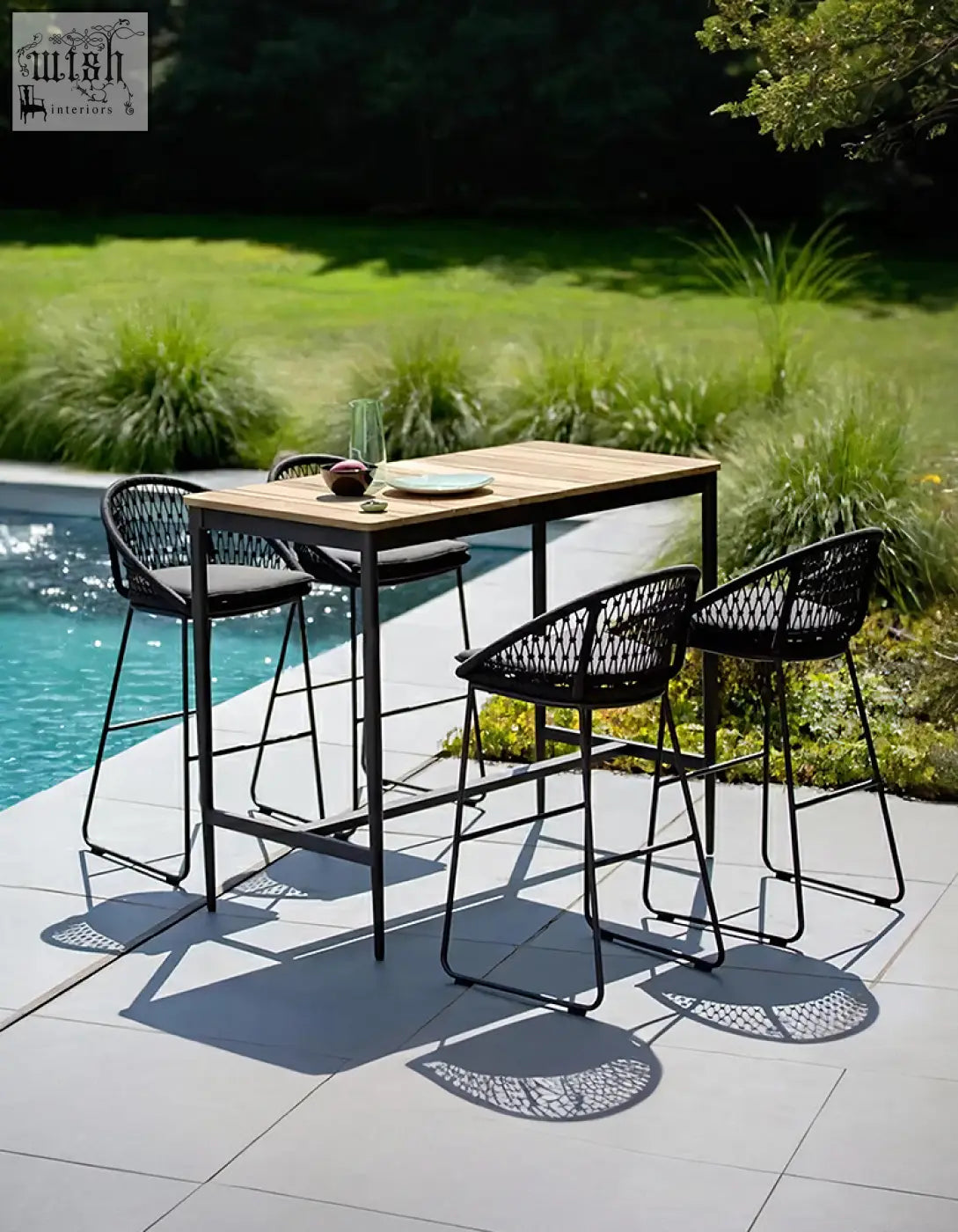 Black woven metal dmitry outdoor garden table with wooden top and matching bar stools perfect for outdoor garden use