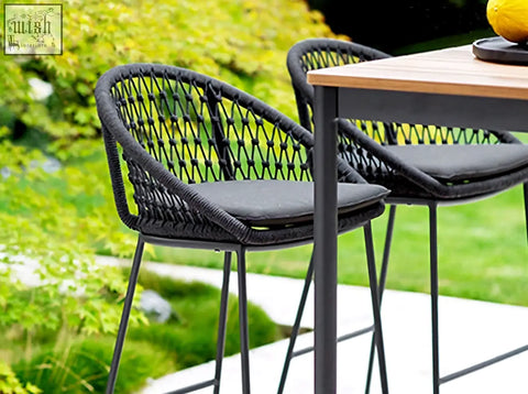 Black woven rattan barstool with cushioned seat and metal legs from dmitry outdoor garden table and outdoor garden table set