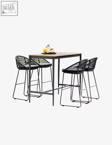 Modern black woven resin bar stools with metal legs around a dmitry outdoor garden light wood table frame garden table set