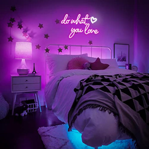 Purple love neon sign with do what you love phrase and heart symbol usb powered for bedroom wall decor