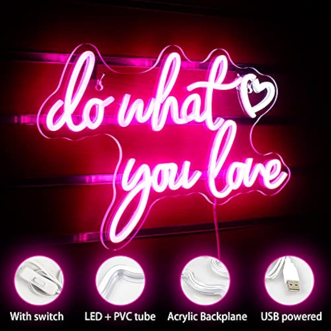 A glowing pink love neon sign with do what you love cursive led lettering and heart for wall decor usb powered