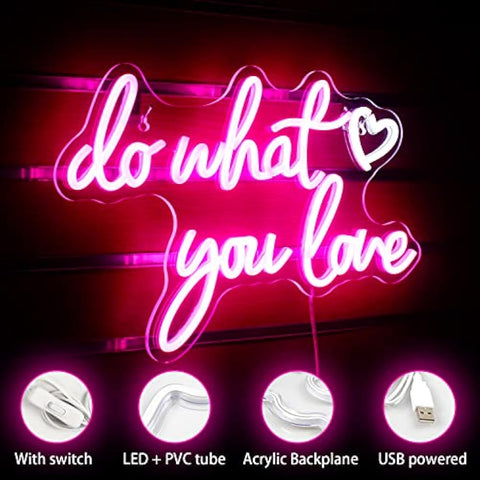 A glowing pink love neon sign with do what you love cursive led lettering and heart for wall decor usb powered