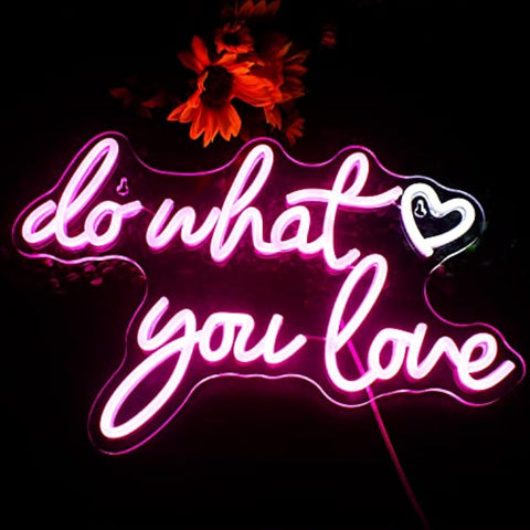 A pink love neon sign glowing with do what you love cursive text and a heart usb powered for wall decor