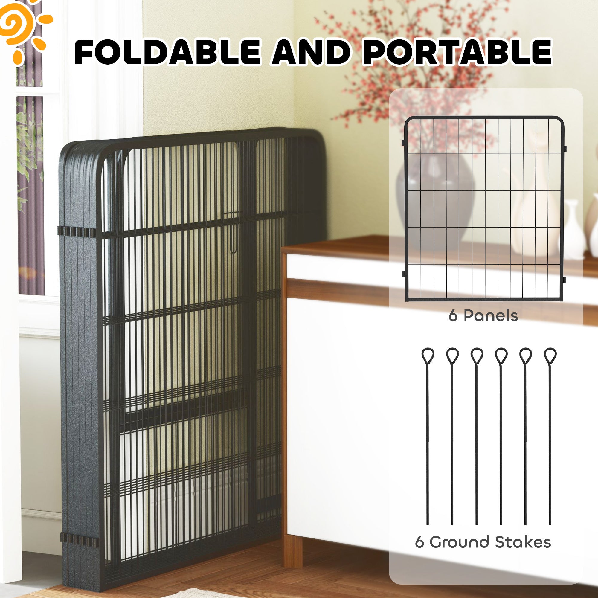 PawHut 6 Panels Heavy Duty Dog Playpen with Secure Door, for Indoor Outdoor, for Garden, Camping, 80cm High