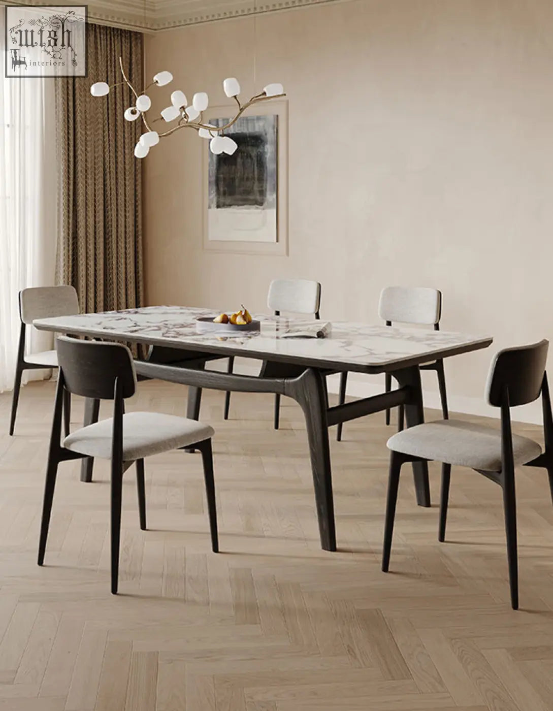 Dobson dining table with white and gray sintered stone top and dark wood legs perfect for a contemporary dining room