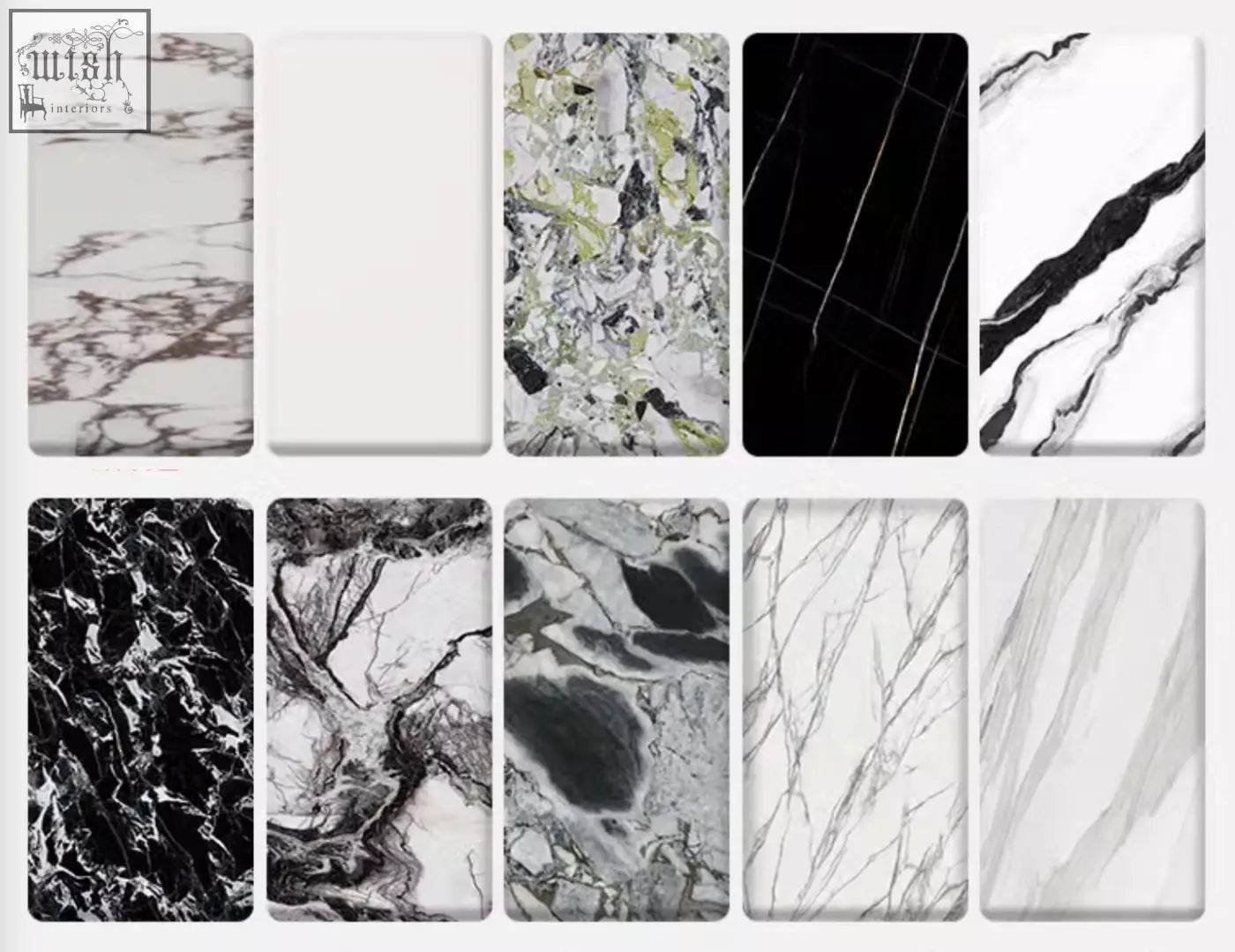 Ten sintered stone marble samples in white black gray and green for dobson dining table dining room use