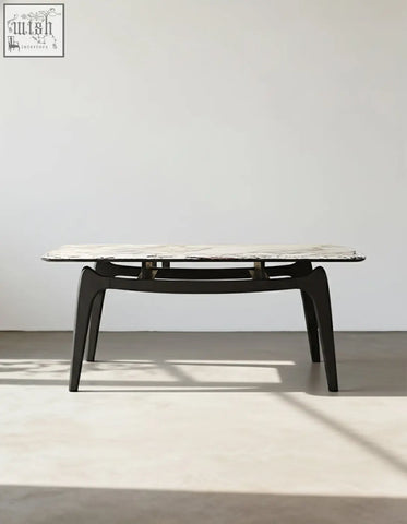 Dobson dining table with sleek black frame and white marble sintered stone top perfect for dining room use