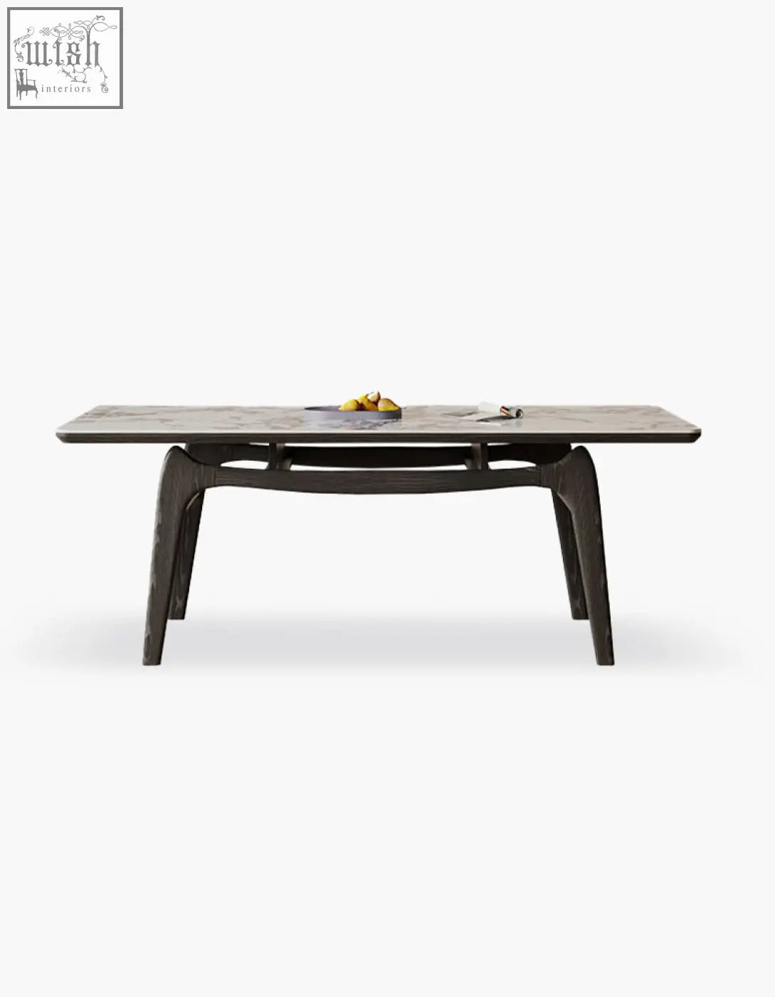 Modern dark wood dobson dining table with sleek sculpted legs and sintered stone top perfect for dining room use