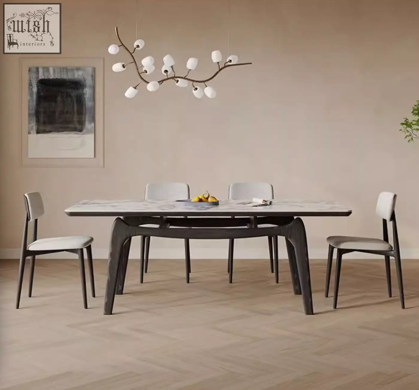Dobson dining table with sintered stone marble top and dark wood legs perfect for a contemporary dining room
