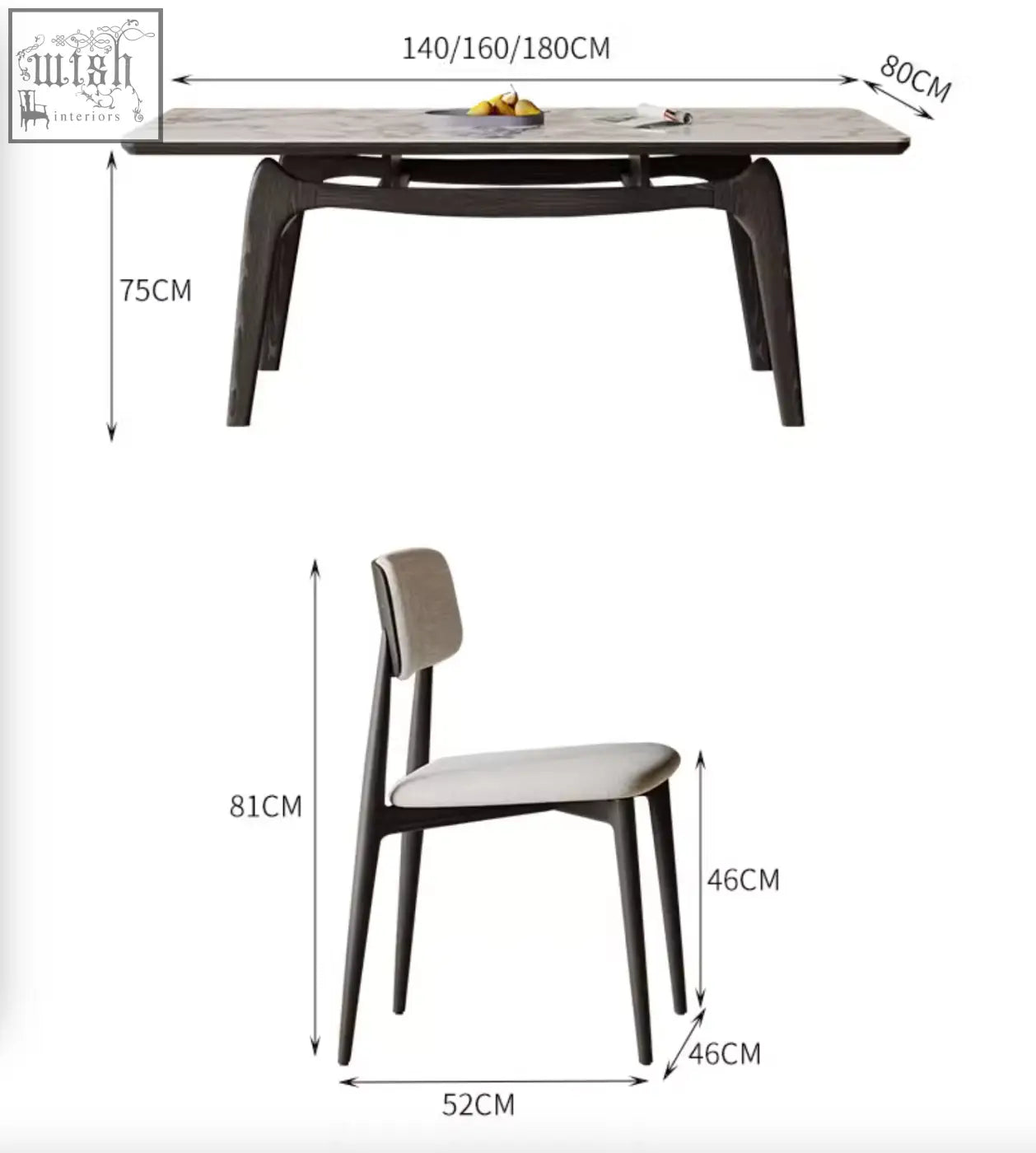 Modern dining room set with dobson dining table in dark wood sintered stone top and light beige upholstered chair