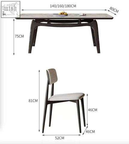 Modern dining room set with dobson dining table in dark wood sintered stone top and light beige upholstered chair