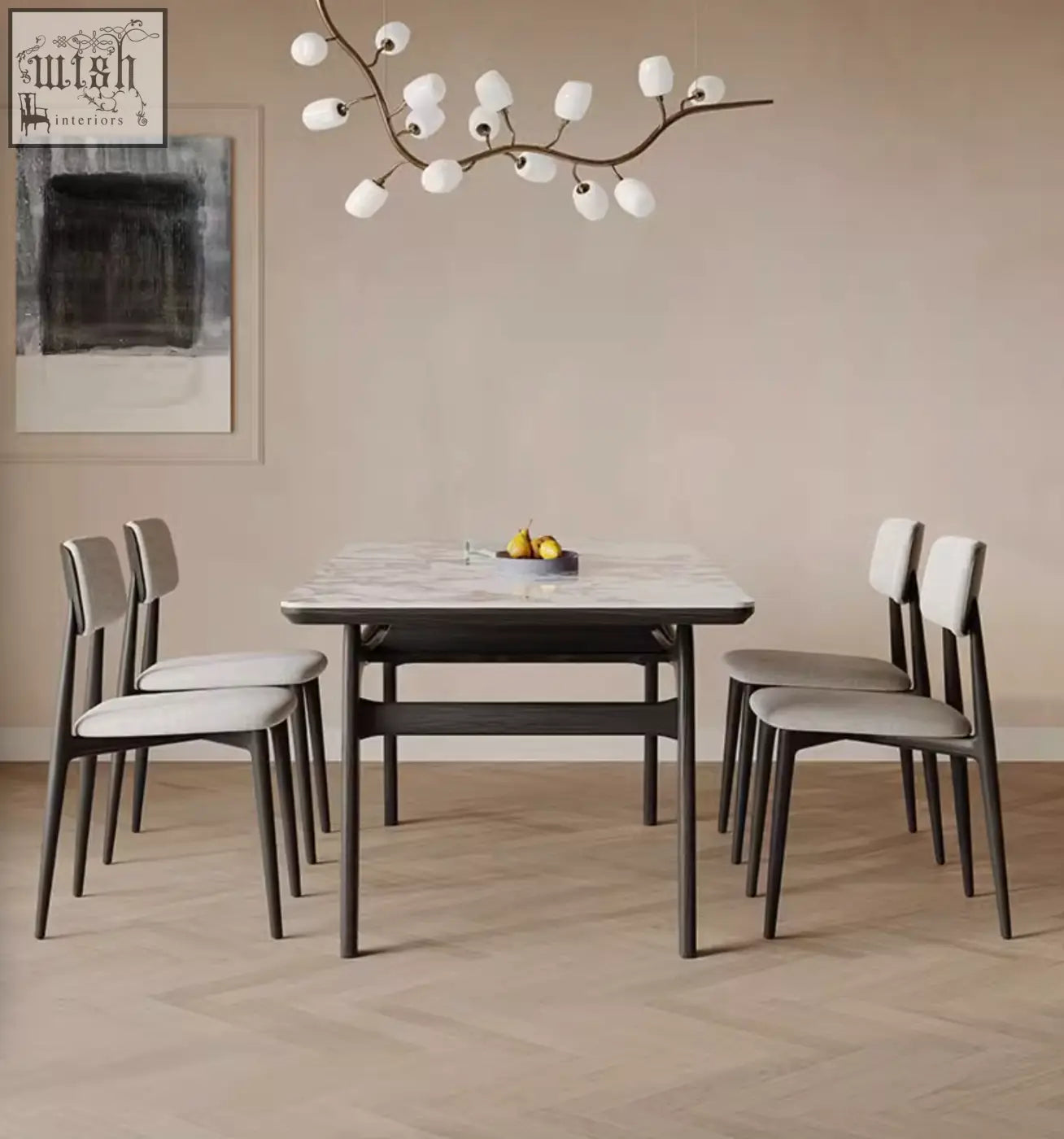 Modern dobson dining table with sleek sintered stone marble top and dark wood legs in a contemporary dining room setup