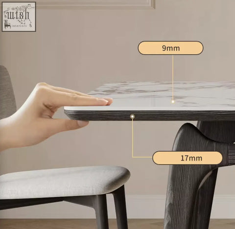 Dobson dining table sintered stone with white marble top and dark wood legs fits perfectly in a contemporary dining room