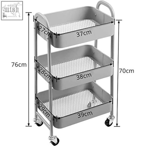 Gray doe works metal storage trolley with three mesh trays on wheels for kitchen bedroom or office use