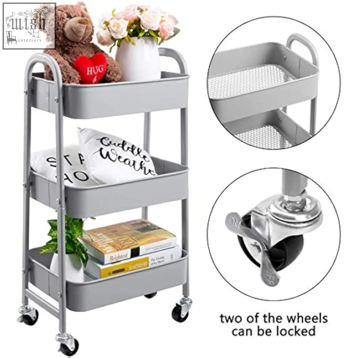 Gray doeWorks storage trolley with metal frame mesh trays lockable wheels perfect as a kitchen trolley or storage cart