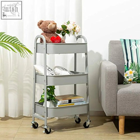Gray doeworks 3-tier metal storage trolley with black wheels perfect as a kitchen trolley or storage cart