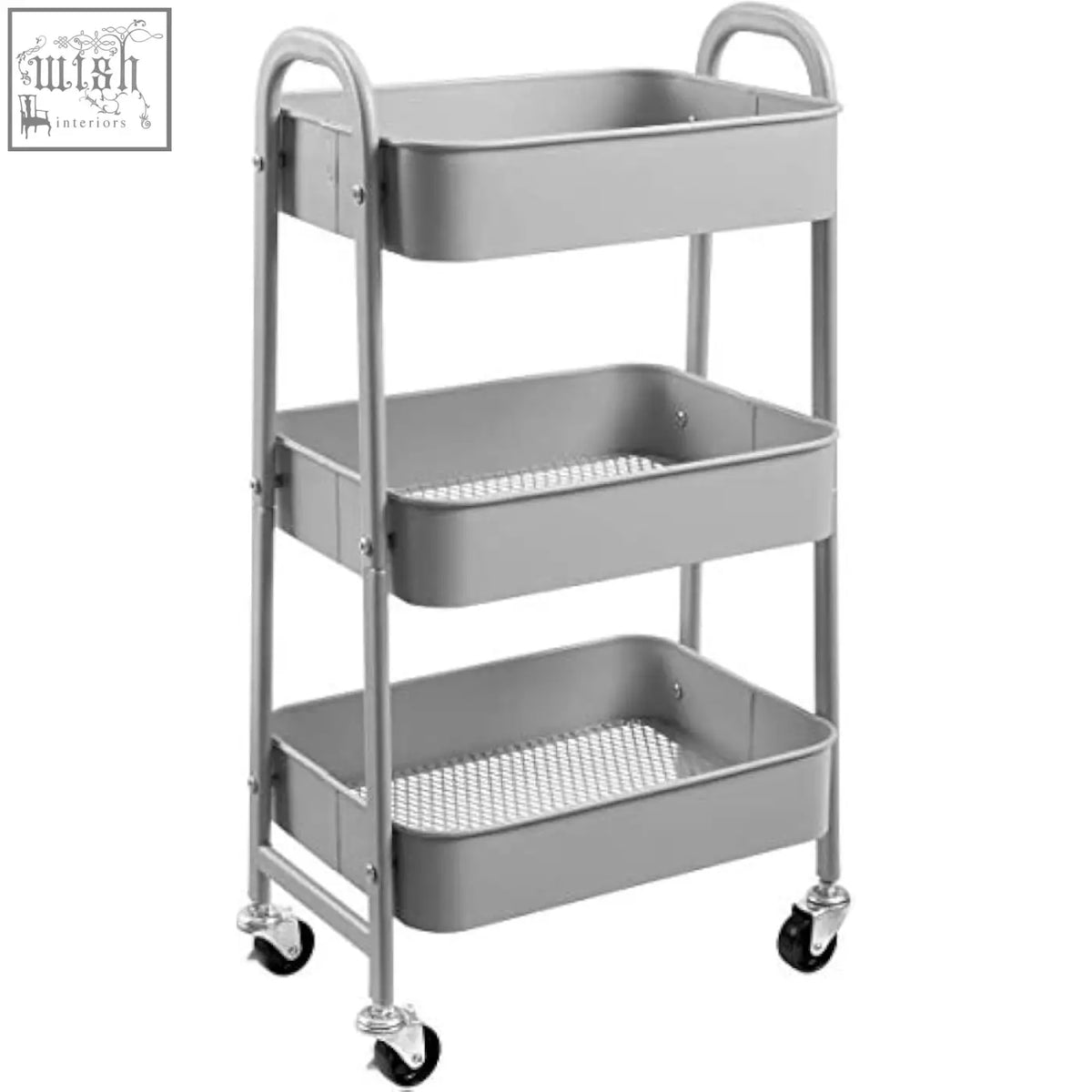 Gray doe works metal storage trolley with three mesh shelves and wheels ideal as kitchen trolley or storage trolley