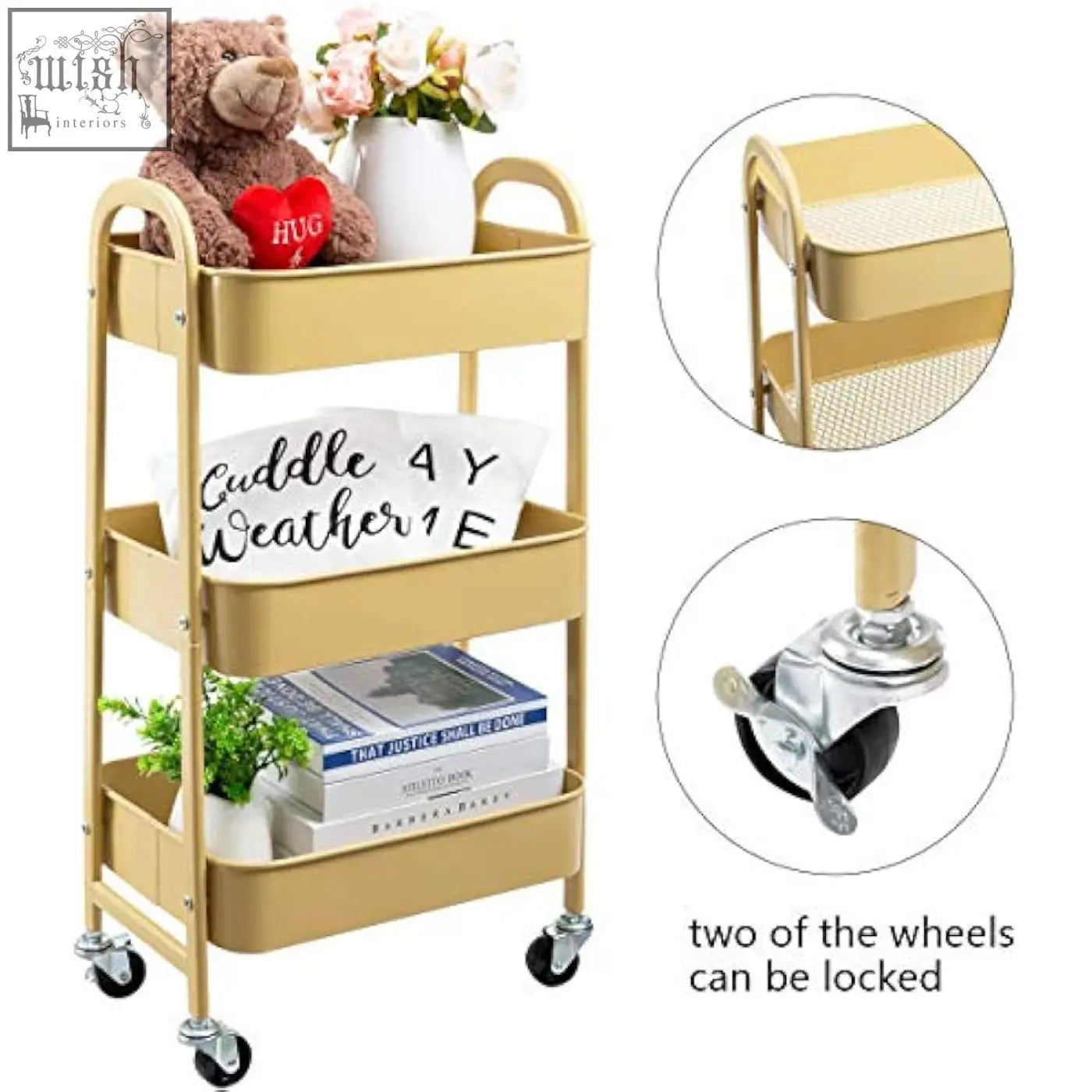 Gold three-tier metal storage trolley cart with mesh sides and black casters for kitchen bathroom or office use