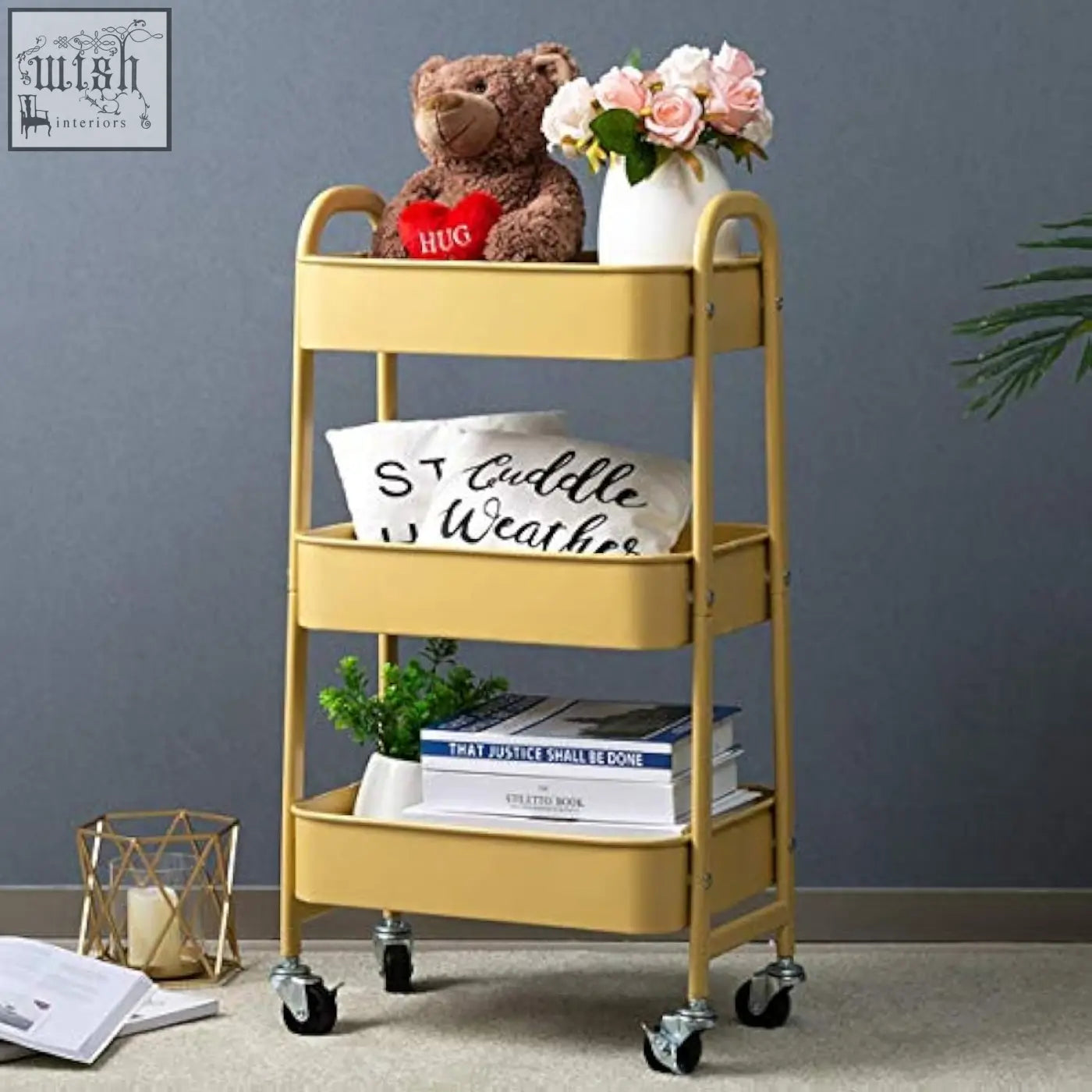 Yellow doeworks 3-tier metal storage trolley cart with wheels ideal as a kitchen trolley utility cart
