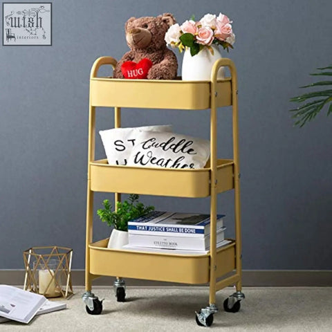 Yellow doeworks 3-tier metal storage trolley cart with wheels ideal as a kitchen trolley utility cart