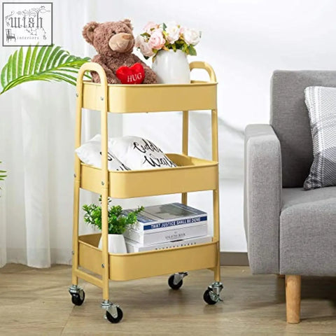 Yellow three-tier doe works storage trolley cart with metal frame and black wheels perfect as a kitchen trolley