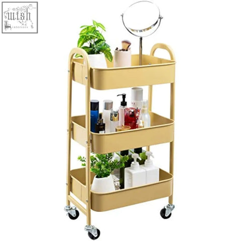 Gold three-tier metal storage trolley cart with wheels and round mirror for kitchen bathroom or office use