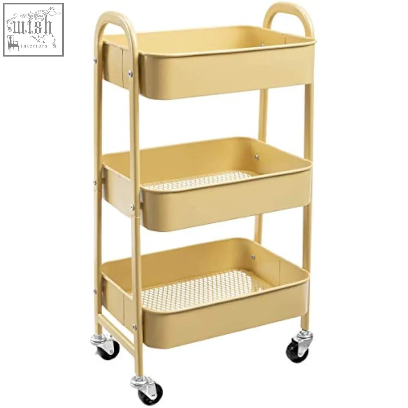 Beige doeworks storage trolley with three metal mesh trays and black caster wheels perfect as a kitchen trolley cart